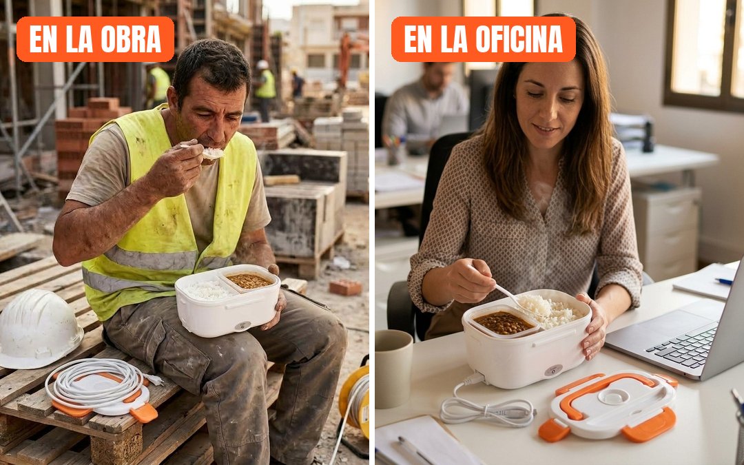 Fiambrera eléctrica HOTTÁPER en la obra y en la oficina, con la comida caliente